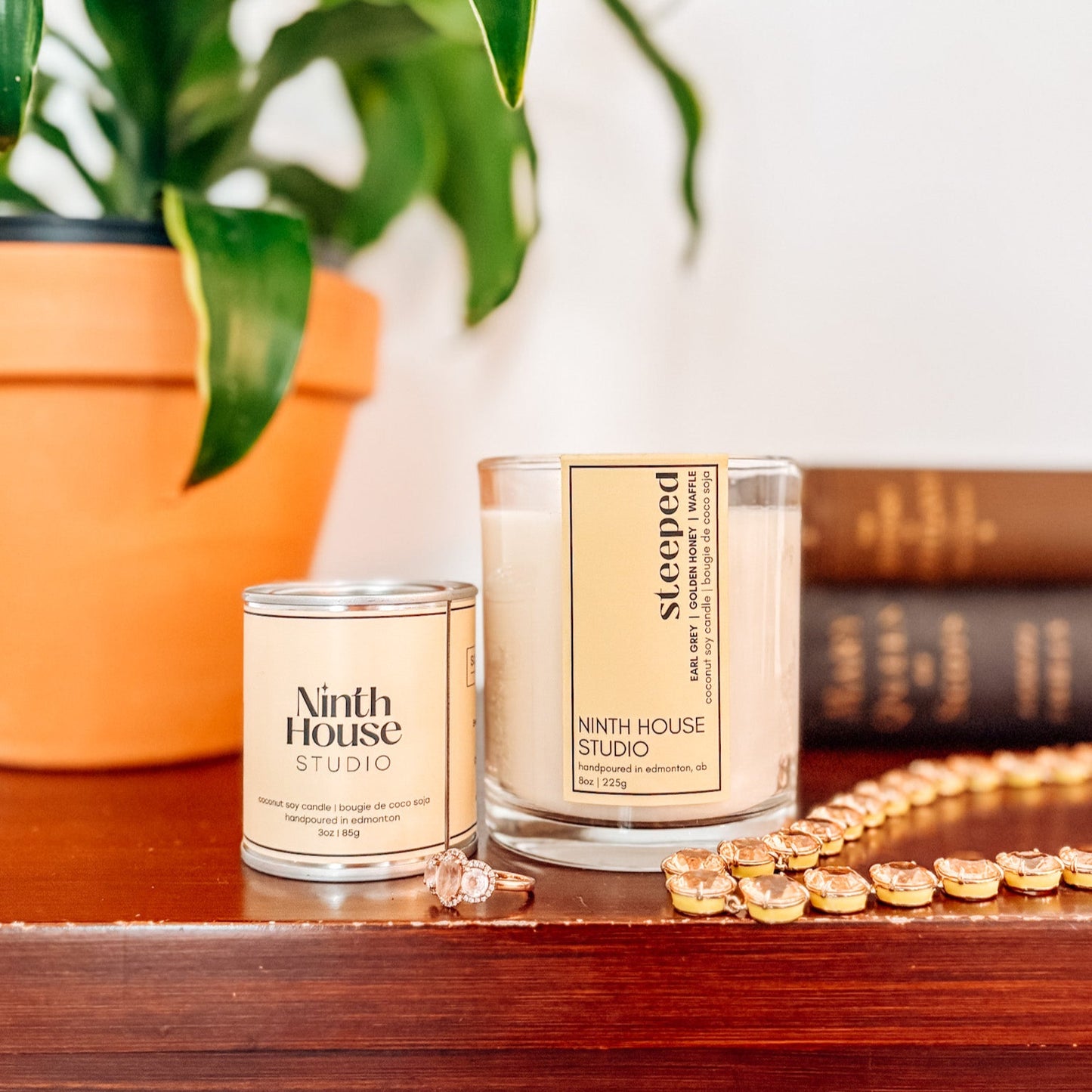 Two candles from Ninth House Studio on a wooden surface with a plant and books in the background.